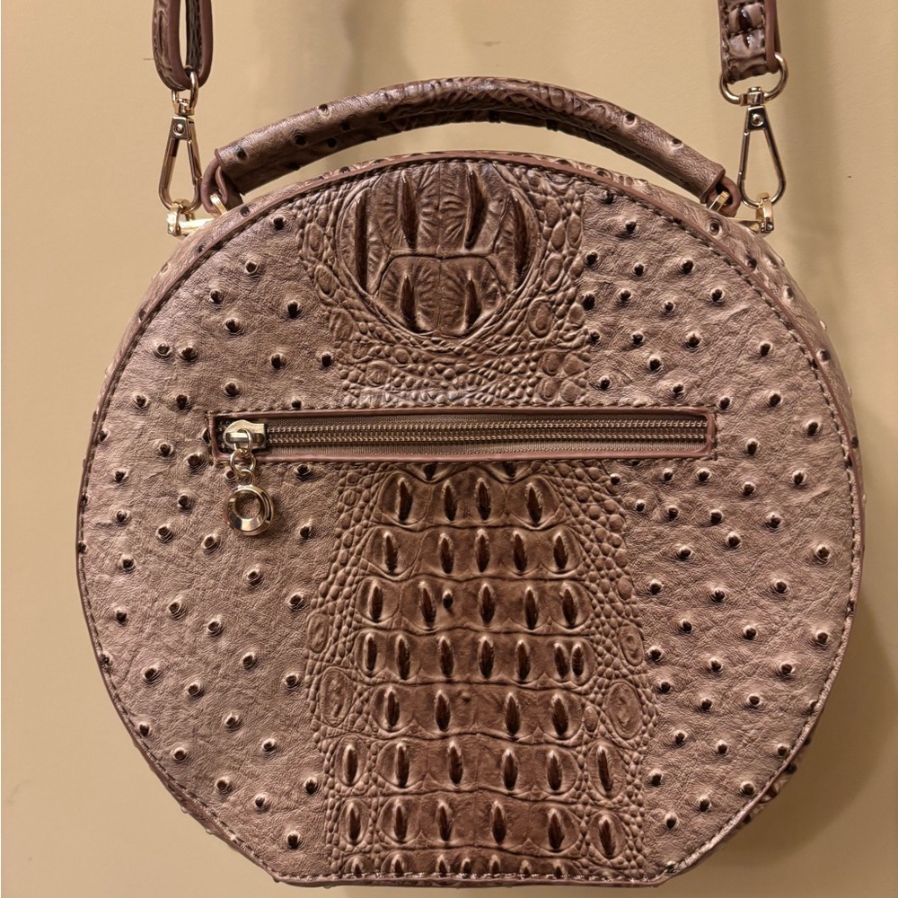 Round Croc-Embossed Crossbody Bag | Brown Ostrich Texture | Top Handle & Strap - Picture 3 of 9